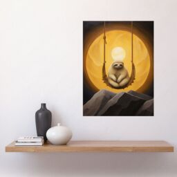 "Artery8 Wall Art Print The Lazy Overlord Sloth at Full Moon Abstract Surrealist Painting Poster in Yellow - Size: W12"" x H16""" - thumbnail 2