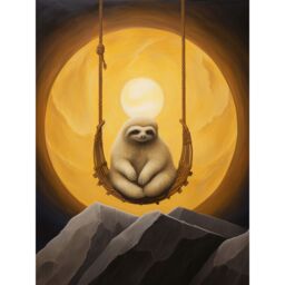 "Artery8 Wall Art Print The Lazy Overlord Sloth at Full Moon Abstract Surrealist Painting Poster in Yellow - Size: W12"" x H16""" - thumbnail 1