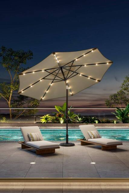 Garden Sanctuary 24 Solar LED Lights Patio Crank Parasol with Floral-Pattern Base in Beige