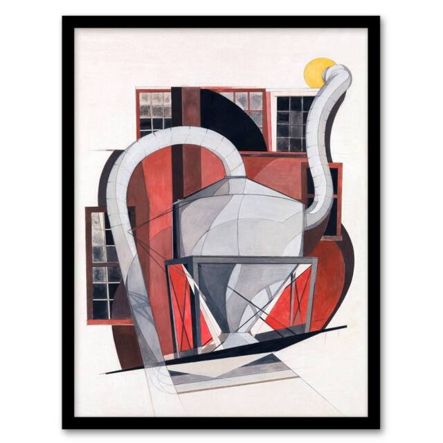 Artery8 Charles Demuth Framed Wall Art Industrial Machinery Cubist Painting in White - Size: A4 - image 1