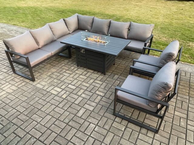 Fimous Aluminium 8 Pieces Garden Furniture Corner Sofa Set with Cushions Gas Fire Pit Dining Table Set with 2 Chairs Dark Grey