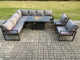 Fimous Aluminium 8 Pieces Garden Furniture Corner Sofa Set with Cushions Gas Fire Pit Dining Table Set with 2 Chairs Dark Grey - thumbnail 2