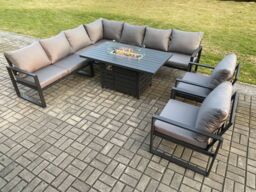 Fimous Aluminium 8 Pieces Garden Furniture Corner Sofa Set with Cushions Gas Fire Pit Dining Table Set with 2 Chairs Dark Grey - thumbnail 1
