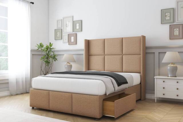"Comfort Beds Charlie Dumfries Divan Base 2 Drawers - 54"" Wingback-Footboard in Light Brown - Size: Double" - image 1