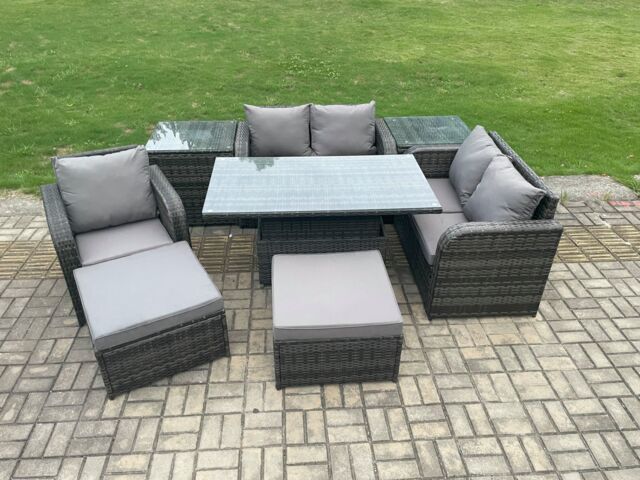Fimous Wicker PE Rattan Furniture Garden Dining Set Outdoor Height Adjustable Rising lifting Table Love Sofa With Reclining Chair in Dark Grey - image 1