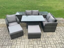 Fimous Wicker PE Rattan Furniture Garden Dining Set Outdoor Height Adjustable Rising lifting Table Love Sofa With Reclining Chair in Dark Grey - thumbnail 2