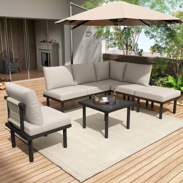 HomeTouch Handwoven Rope 6 Seater Garden Lounge Set with Coffee Table in Beige - Size: 5 Pack - image 1