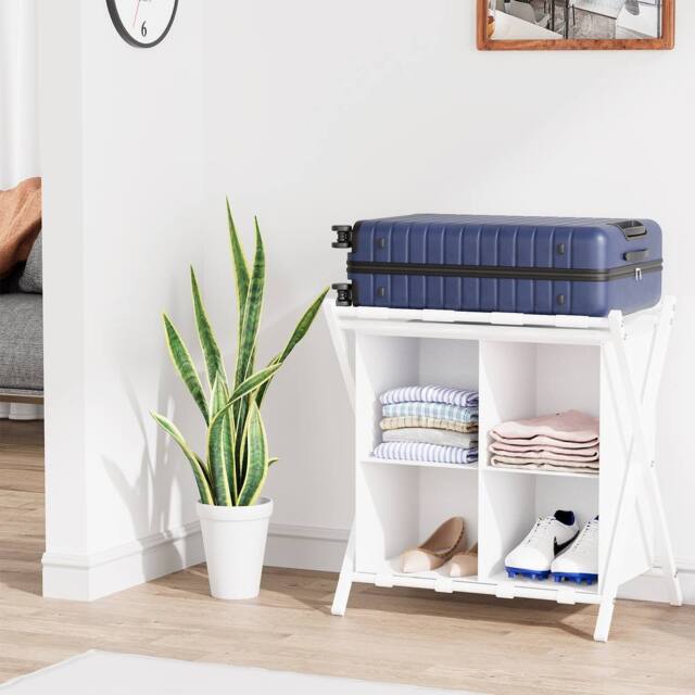 Huhote 2-Tier Metal Luggage Rack with Storage Shelf Suitcase stand Home in White - image 1