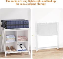 Huhote 2-Tier Metal Luggage Rack with Storage Shelf Suitcase stand Home in White - thumbnail 4