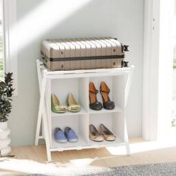 Huhote 2-Tier Metal Luggage Rack with Storage Shelf Suitcase stand Home in White - thumbnail 2