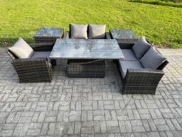 Fimous 6pcs Rattan Outdoor Garden Furniture Set Height Adjustable Rising Lifting Table Sofa Dining Set with 2 Side Tables Dark Grey Mixed - thumbnail 1