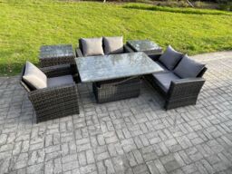 Fimous 6pcs Rattan Outdoor Garden Furniture Set Height Adjustable Rising Lifting Table Sofa Dining Set with 2 Side Tables Dark Grey Mixed - thumbnail 2