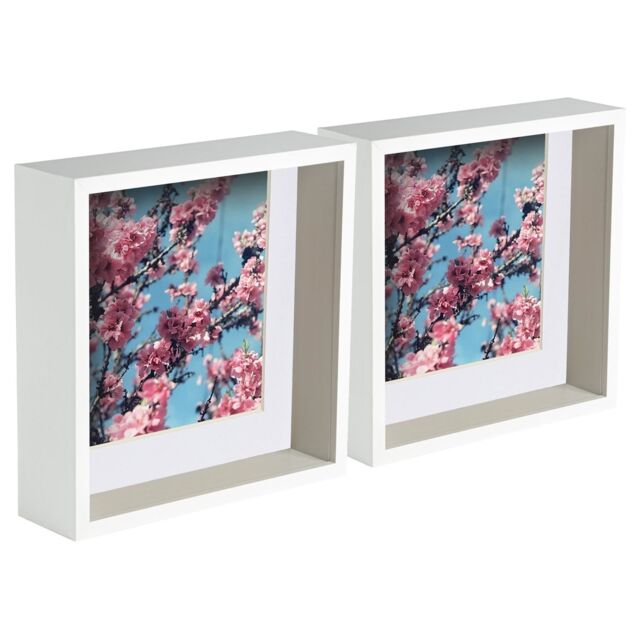 "Nicola Spring 3D Deep Box Photo Frames - 8 x 8"" with 6 x 6"" Mount - Light Wood - Pack of 2 in White" - image 1