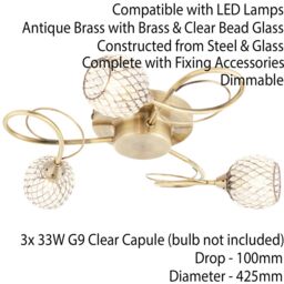Loops Semi Flush Ceiling Light Brass Glass Beads 3 Bulb Hanging Pendant Lamp Shade in Clear - thumbnail 2