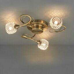 Loops Semi Flush Ceiling Light Brass Glass Beads 3 Bulb Hanging Pendant Lamp Shade in Clear - thumbnail 3