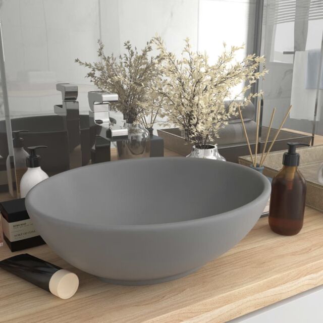Berkfield Home Luxury Basin Oval-shaped Matt Light Grey 40x33 cm Ceramic - image 1