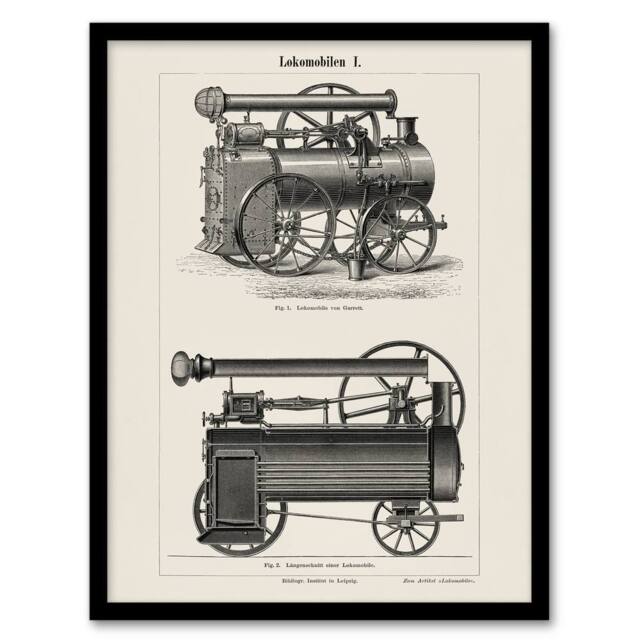 Artery8 Lokomobilen Locomotive Steam Train Engine Vintage Framed Wall Art Print in White - Size: A4 - image 1