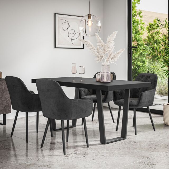More4Homes Aria Dining Table & Chairs - Black Table Top w Black Legs + Anika Velvet Dining Chair Set Of 4 - image 1