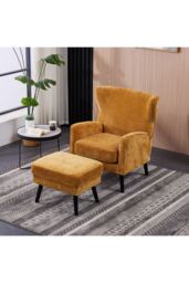 Living and Home Chenille Armchair with Footstool in Yellow - thumbnail 1