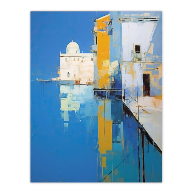 "Wee Blue Coo Wall Art Print Reflections Of Venice Oil Painting Blue Orange Abstract Santa Maria della Salute Coastal Poster - Size: W18"" x H24""" - image 1