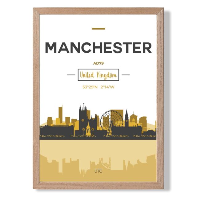 ARTZE Manchester Yellow & Black City Skyline Framed Print SIZE: A4 with Oak Frame - image 1