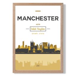 ARTZE Manchester Yellow & Black City Skyline Framed Print SIZE: A4 with Oak Frame - thumbnail 1