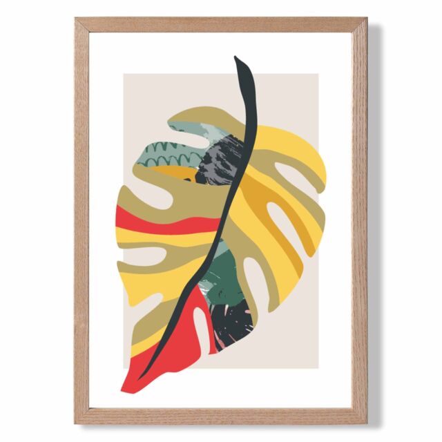 ARTZE Tropical Monstera Green & Red Minamilist Framed Print SIZE: A3 with Oak Frame - Size: A4 - image 1