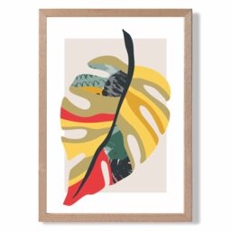 ARTZE Tropical Monstera Green & Red Minamilist Framed Print SIZE: A3 with Oak Frame - Size: A4 - thumbnail 1