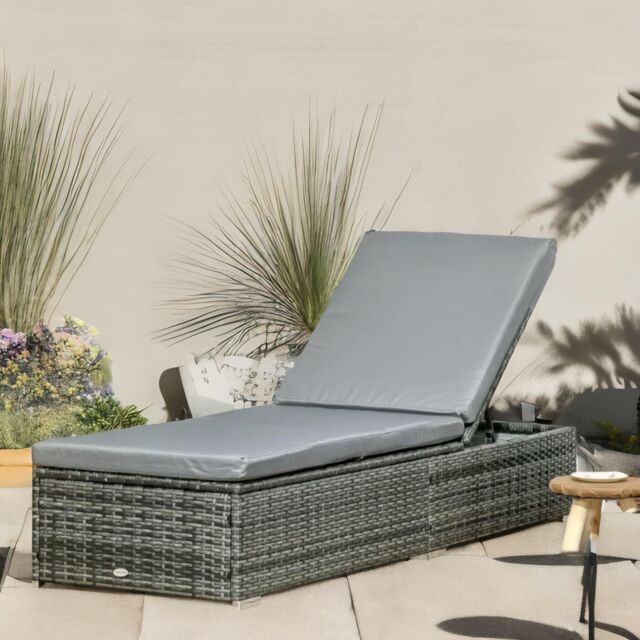 FURNOS Rattan Sun Lounger For Garden Reclining Deck Bed With Cushion in Grey - image 1