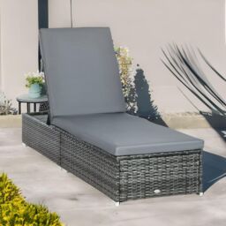 FURNOS Rattan Sun Lounger For Garden Reclining Deck Bed With Cushion in Grey - thumbnail 2