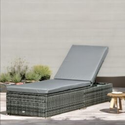 FURNOS Rattan Sun Lounger For Garden Reclining Deck Bed With Cushion in Grey - thumbnail 5