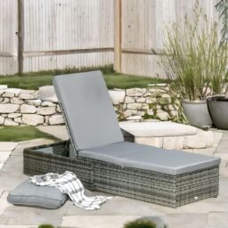 FURNOS Rattan Sun Lounger For Garden Reclining Deck Bed With Cushion in Grey - thumbnail 3