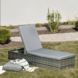 FURNOS Rattan Sun Lounger For Garden Reclining Deck Bed With Cushion in Grey - thumbnail 4