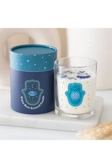 KDMD Hand of Hamsa White Rose Candle with Crystals-Spiritual Sanctuary Gift - image 1