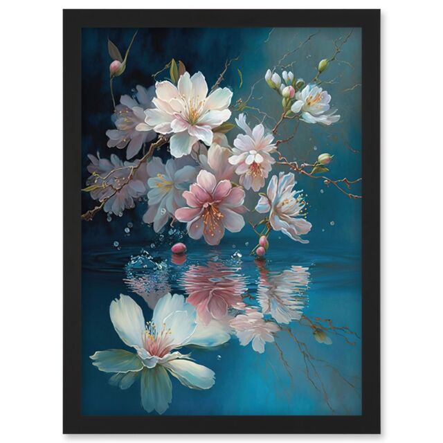 Artery8 Cherry Blossom Branch Dancing Over Water Modern Watercolour Painting Artwork Framed Wall Art Print A4 in Black - image 1