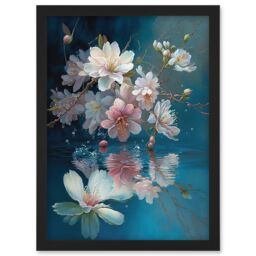 Artery8 Cherry Blossom Branch Dancing Over Water Modern Watercolour Painting Artwork Framed Wall Art Print A4 in Black - thumbnail 1