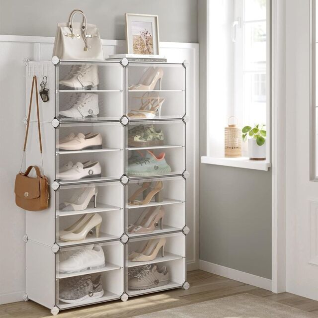 SONGMICS 8-Slot Interlocking Shoe Storage Cabinet Modular Steel Frame Doors in White - image 1