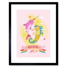 "Artery8 Wall Art Print Unicorn Seahorse Narwhal Believe Art Framed 9x7 inch in Black - Size: W7"" x H9""" - thumbnail 1