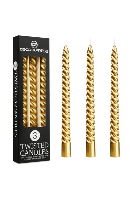 Deco Express Dinner Candles Pack of 3 Twisted Non Drip Spiral 6 hours Non Scented in Gold - image 1