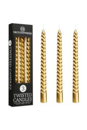Deco Express Dinner Candles Pack of 3 Twisted Non Drip Spiral 6 hours Non Scented in Gold