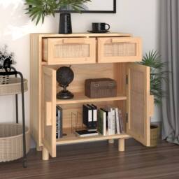 Berkfield Home Sideboard Brown 60x30x75 cm Solid Wood Pine & Natural Rattan in Light Tan - Size: 60 x 30 x 75 cm