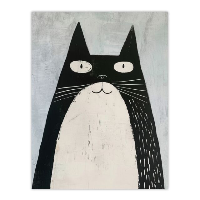 "Artery8 Cute Black White Tuxedo Cat Lover Pet Painting Wall Art Print - Size: W24"" x H32""" - image 1
