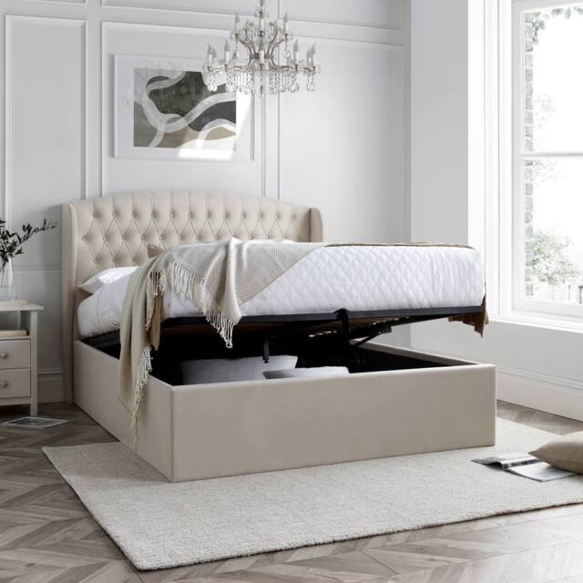 Bedmaster Warwick Velvet Ottoman Bed & Cotswold 3000 Pocket Sprung Natural Mattress in Light Stone - Size: Double - image 1