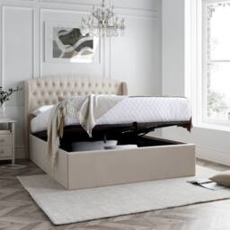 Bedmaster Warwick Velvet Ottoman Bed & Cotswold 3000 Pocket Sprung Natural Mattress in Light Stone - Size: Double - thumbnail 1