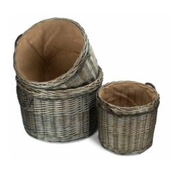 Red Hamper Set of 3 Antique Wash Round Storage Log Basket in Light Brown