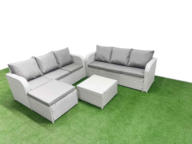 Fimous Outdoor Garden Furniture Sets 7 Seater Wicker Rattan Furniture Sofa Sets w/ Square Coffee Table high Back Lounge Sofa Big Footstool Light Grey - image 1
