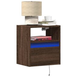 Berkfield Home Wall-mounted Bedside Cabinet with LED Lights Brown Oak - thumbnail 1
