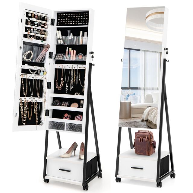 Costway Mobile Mirror Jewelry Cabinet Standing Makeup Organizer Jewelry Armoire w/ Lockable Door in White - image 1