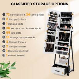 Costway Mobile Mirror Jewelry Cabinet Standing Makeup Organizer Jewelry Armoire w/ Lockable Door in White - thumbnail 6