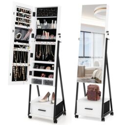 Costway Mobile Mirror Jewelry Cabinet Standing Makeup Organizer Jewelry Armoire w/ Lockable Door in White - thumbnail 1